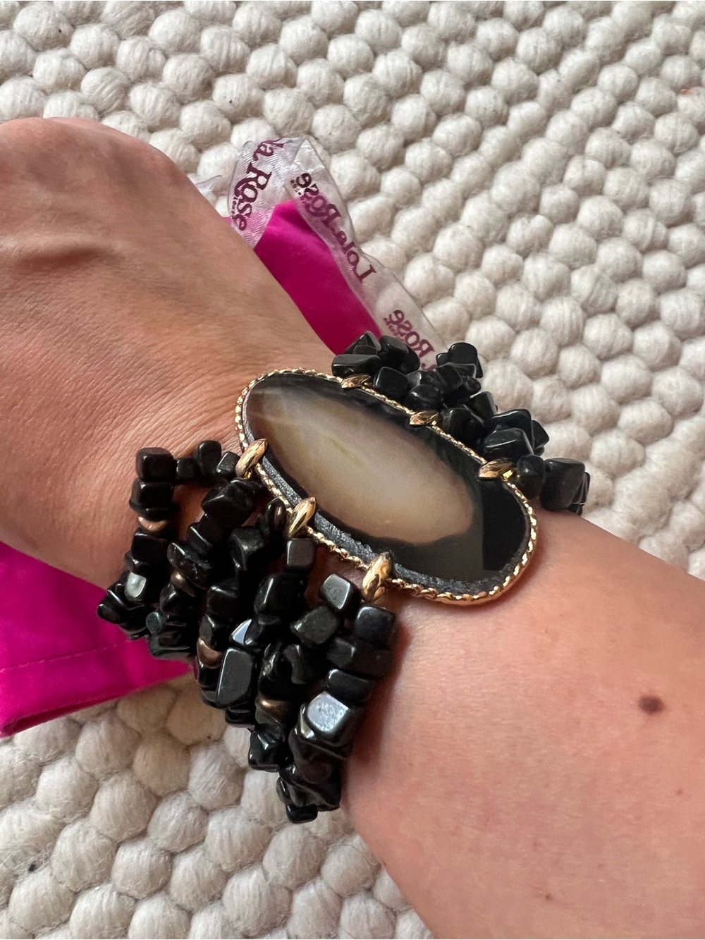 Black Agate Multi-Strand Stretch Bracelet with Gold Accent